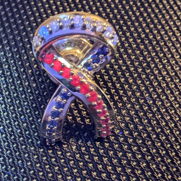 Vibtage 14k White Gold Ruby, Diamond, and Sapphire Patriotic Ribbon Pin - Picture 2 of 10